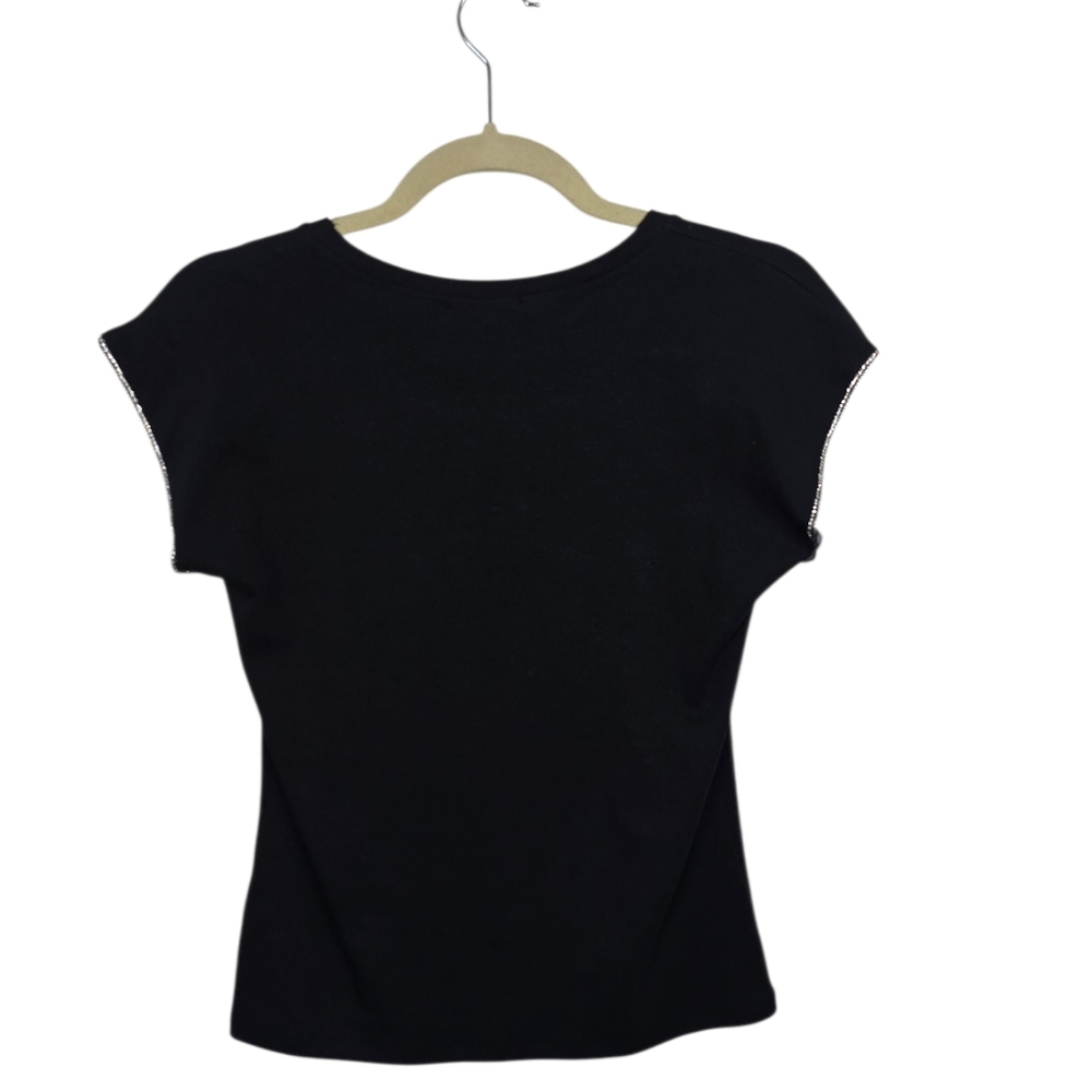 Zara Rhinestone Embellished Cap Sleeve Black Tee Medium - Picture 3 of 5